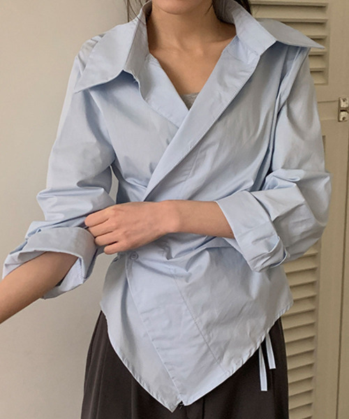VIVID LADY(ビビッドレディー)の「カシュクールデザイン アシンメトリーカラーシャツ(シャツ/ブラウス・レディース・ネイビー/ブルー/クリーム/アイボリー/ライトブルー・FREE)」の21枚目の写真