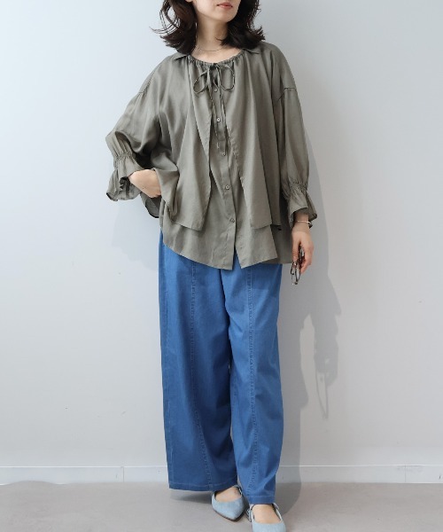 leswel(レスウェル)の「【M/L】【接触冷感/UVカット】リネンブレンドカルゼフライヨークブラウス(シャツ/ブラウス・レディース・ライトグレー/ブラック/カーキ・M/L)」の13枚目の写真