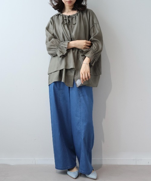 leswel(レスウェル)の「【M/L】【接触冷感/UVカット】リネンブレンドカルゼフライヨークブラウス(シャツ/ブラウス・レディース・ライトグレー/ブラック/カーキ・M/L)」の14枚目の写真