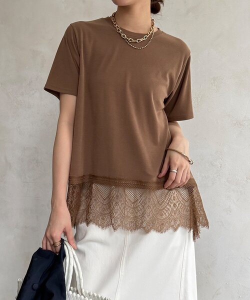 DouDou(ドゥドゥ)の「【WEB限定】裾レース半袖トップス(Tシャツ/カットソー・レディース・ブラック/オフホワイト/ブラウン・FREE)」の15枚目の写真