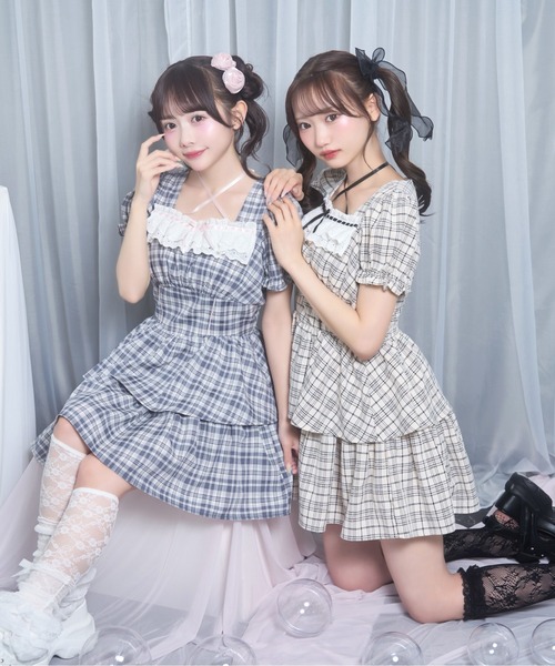 【HoneyCinnamon】デコルテリボンチェックワンピース アイボリー 新品 デコルテリボンチェックワンピース（ワンピース）｜Honey Cinnamon