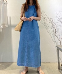 ノースリーブ 丸首 ゆったり デニム マキシワンピース