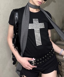 【Never mind the XU】cross studs crop tee / 【ネバーマインド ザ エックスユー】クロススタッズクロップ半袖Tシャツ
