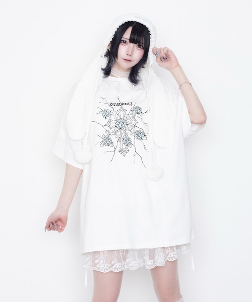 Whinny(ホワイニー)の「Whinny/縛られしトゲトゲROSEティー(Tシャツ/カットソー・レディース・ブラック/サックスブルー/ホワイト・FREE)」の4枚目の写真
