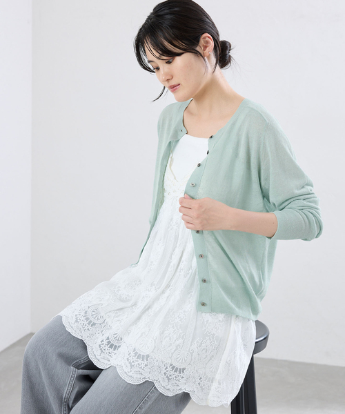 IENA(イエナ)の「《/アンサンブル対応/手洗い可》ハイツイストリネンクルーネックカーディガン(カーディガン/ボレロ・レディース・ベージュ/ライトグリーン/ブラック系その他・FREE)」の9枚目の写真