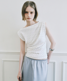 DOT SHIRRING DRAPE SLEEVELESS TOP_IVORY
