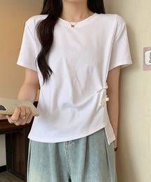 サイドリボンカットソー / アシンメトリーデザイン 半袖トップス