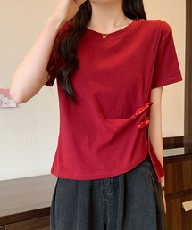 サイドリボンカットソー / アシンメトリーデザイン 半袖トップス