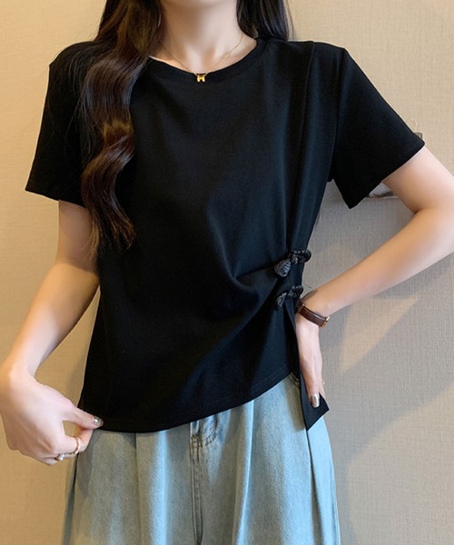 2ly2（トゥーリートゥー）の「サイドリボンカットソー / アシンメトリーデザイン 半袖トップス（Tシャツ/カットソー・レディース・ブラック/ベージュ/ホワイト/ボルドー・FREE）」の3枚目の写真