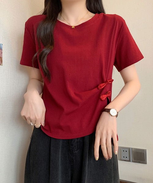 2ly2（トゥーリートゥー）の「サイドリボンカットソー / アシンメトリーデザイン 半袖トップス（Tシャツ/カットソー・レディース・ブラック/ベージュ/ホワイト/ボルドー・FREE）」の18枚目の写真