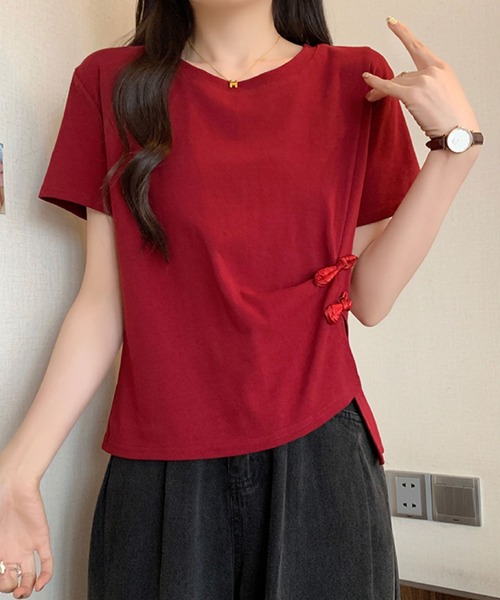 2ly2（トゥーリートゥー）の「サイドリボンカットソー / アシンメトリーデザイン 半袖トップス（Tシャツ/カットソー・レディース・ブラック/ベージュ/ホワイト/ボルドー・FREE）」の19枚目の写真