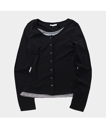 ボタンアップストライプレイヤードスリムフィットロングスリーブオールデイカーディガンTシャツ[ブラック]