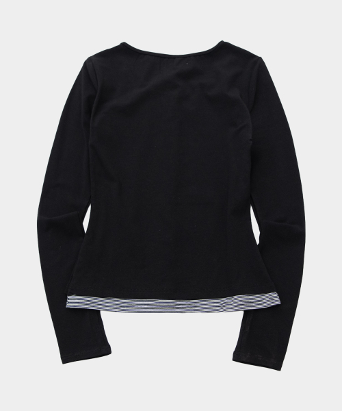 PLACE STUDIO（プレイススタジオ）の「ボタンアップストライプレイヤードスリムフィットロングスリーブオールデイカーディガンTシャツ[ブラック]（カーディガン/ボレロ・レディース・ブラック・FREE）」の6枚目の写真