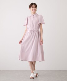 シャツ衿ウェストギャザーワンピース