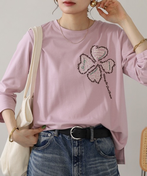 BRODIAEA(ブローディア)の「BRODIAEA クローバーモチーフ7分袖Tシャツ(Tシャツ/カットソー・レディース・グレー/ピンク/モスグリーン/ブラック・40)」の2枚目の写真