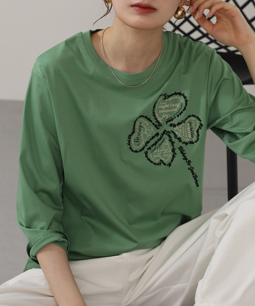 BRODIAEA(ブローディア)の「BRODIAEA クローバーモチーフ7分袖Tシャツ(Tシャツ/カットソー・レディース・グレー/ピンク/モスグリーン/ブラック・40)」の1枚目の写真