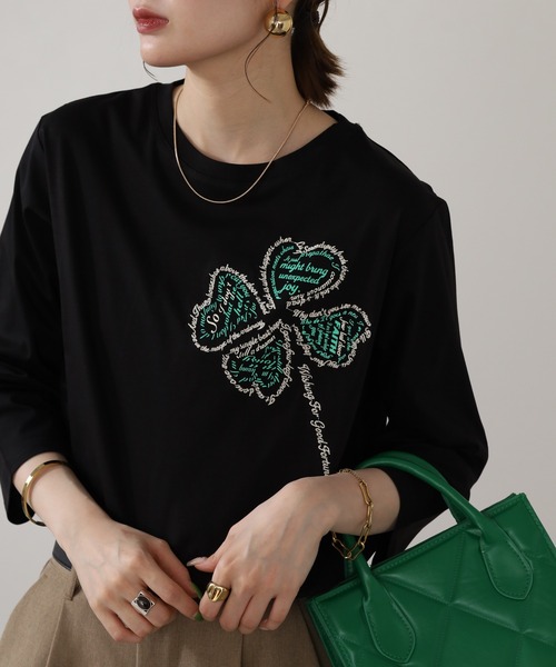 BRODIAEA(ブローディア)の「BRODIAEA クローバーモチーフ7分袖Tシャツ(Tシャツ/カットソー・レディース・グレー/ピンク/モスグリーン/ブラック・40)」の3枚目の写真
