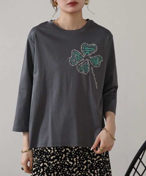 BRODIAEA(ブローディア)の「BRODIAEA クローバーモチーフ7分袖Tシャツ(Tシャツ/カットソー・レディース・グレー/ピンク/モスグリーン/ブラック・40)」の16枚目の写真