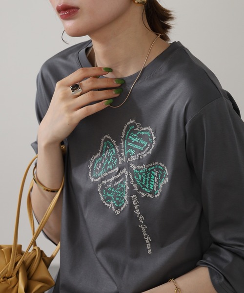 BRODIAEA(ブローディア)の「BRODIAEA クローバーモチーフ7分袖Tシャツ(Tシャツ/カットソー・レディース・グレー/ピンク/モスグリーン/ブラック・40)」の10枚目の写真