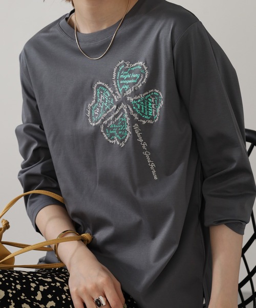 BRODIAEA(ブローディア)の「BRODIAEA クローバーモチーフ7分袖Tシャツ(Tシャツ/カットソー・レディース・グレー/ピンク/モスグリーン/ブラック・40)」の11枚目の写真