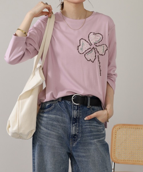 BRODIAEA(ブローディア)の「BRODIAEA クローバーモチーフ7分袖Tシャツ(Tシャツ/カットソー・レディース・グレー/ピンク/モスグリーン/ブラック・40)」の7枚目の写真
