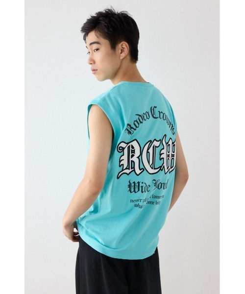 RODEO CROWNS WIDE BOWL(ロデオクラウンズワイドボウル)の「Blackletterノースリーブトップス(Tシャツ/カットソー・メンズ・ターコイズブルー系1/ブラック/ホワイト・LARGE/MEDIUM)」の1枚目の写真