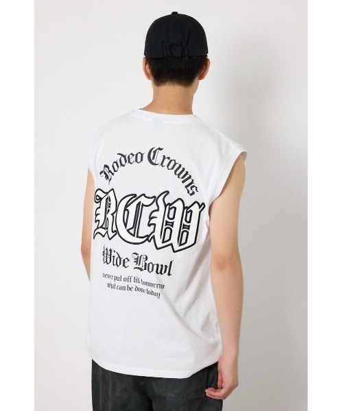 RODEO CROWNS WIDE BOWL(ロデオクラウンズワイドボウル)の「Blackletterノースリーブトップス(Tシャツ/カットソー・メンズ・ターコイズブルー系1/ブラック/ホワイト・LARGE/MEDIUM)」の4枚目の写真
