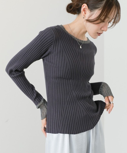 Bab(バブ)の「袖シアー使いクルーリブニットトップス(ニット/セーター・レディース・アイボリー/チャコールグレー/ブラック/ブラウン/ホワイト系1/ブルー・FREE)」の12枚目の写真
