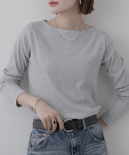FUNALIVE（ファンアライブ）の「2×2リブボートネックカット 長袖（Tシャツ/カットソー・レディース・ブラック/杢グレー・M/L/LL/3L）」の8枚目の写真