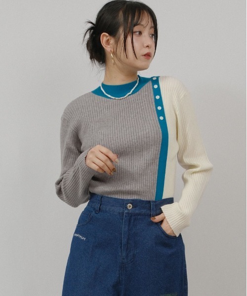 palm RICHE(ポームリシュ)の「バイカラーニット(Tシャツ/カットソー・レディース・オフホワイト/ブラック/グレー・M)」の3枚目の写真