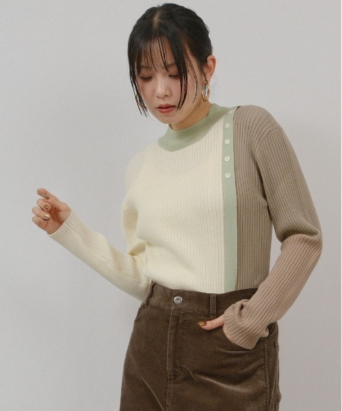 palm RICHE(ポームリシュ)の「バイカラーニット(Tシャツ/カットソー・レディース・オフホワイト/ブラック/グレー・M)」の1枚目の写真