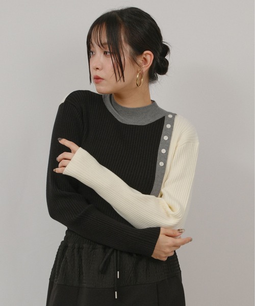 palm RICHE(ポームリシュ)の「バイカラーニット(Tシャツ/カットソー・レディース・オフホワイト/ブラック/グレー・M)」の2枚目の写真