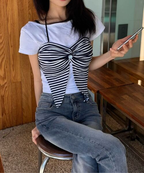 DAMP(ドントアスクマイプラン)の「ストライプビキニレイヤードTシャツ(ブラック/ホワイト_ブラック)(Tシャツ/カットソー・レディース・その他・1/2)」の3枚目の写真