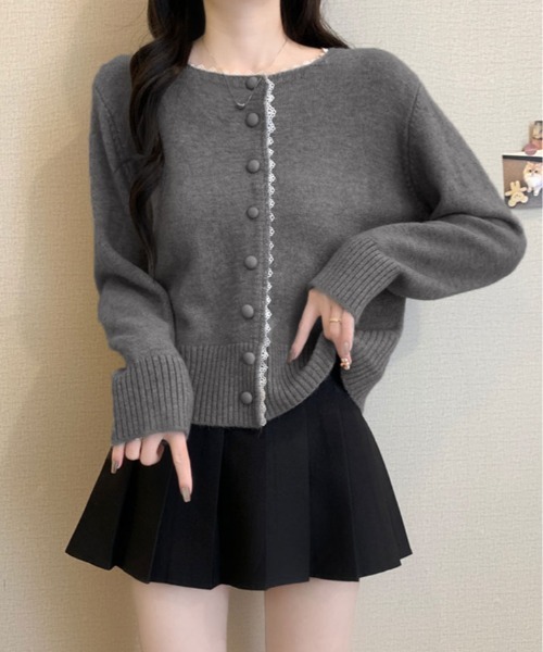 kirakiraShop(キラキラショップ)の「襟レース ニット カーディガン(カーディガン/ボレロ・レディース・オフホワイト/ピンク/グレー/ブルー・FREE)」の1枚目の写真