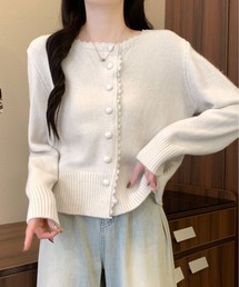 襟レース ニット カーディガン