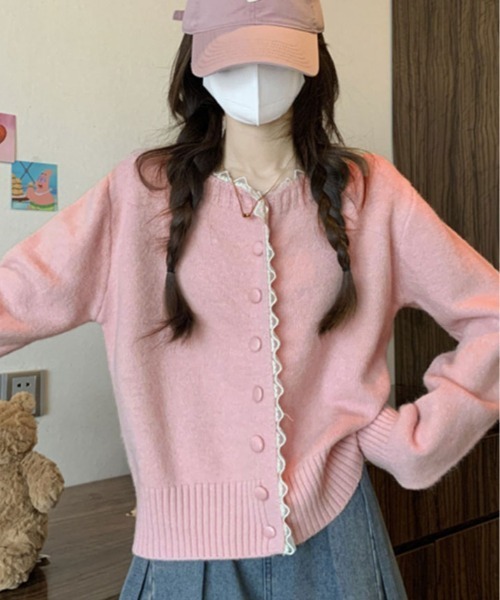 kirakiraShop(キラキラショップ)の「襟レース ニット カーディガン(カーディガン/ボレロ・レディース・オフホワイト/ピンク/グレー/ブルー・FREE)」の4枚目の写真