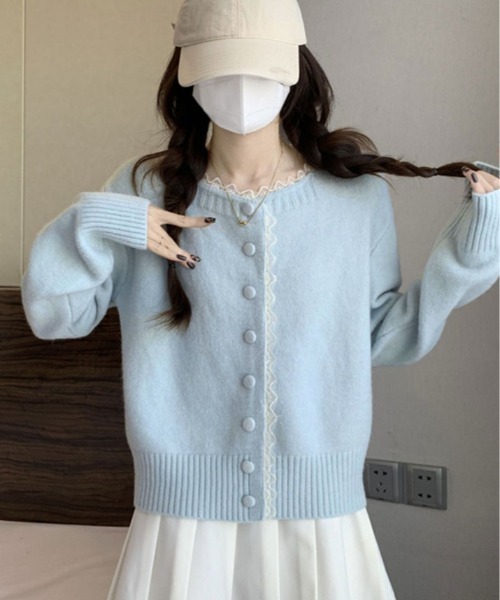 kirakiraShop(キラキラショップ)の「襟レース ニット カーディガン(カーディガン/ボレロ・レディース・オフホワイト/ピンク/グレー/ブルー・FREE)」の3枚目の写真