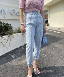センター切り替えハイウエストテーパードデニムパンツ