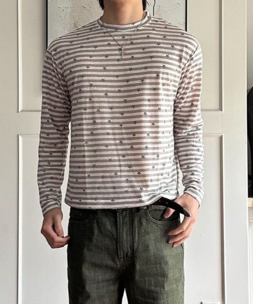 FreeZone(フリーゾーン)の「スター総柄ボーダーシアーロングスリーブ T シャツ(Tシャツ/カットソー・メンズ・ライトグレー/ダークグレー・F)」の15枚目の写真