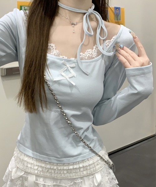 AMAJI(アマジ)の「スクエアネック レース フリル リボン長袖Tシャツ(Tシャツ/カットソー・レディース・ライトブルー/ネイビー・SMALL/MEDIUM/LARGE/X-LARGE)」の3枚目の写真