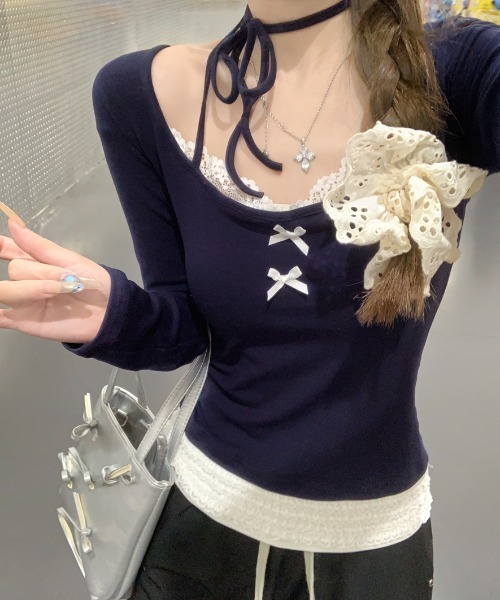 AMAJI(アマジ)の「スクエアネック レース フリル リボン長袖Tシャツ(Tシャツ/カットソー・レディース・ライトブルー/ネイビー・SMALL/MEDIUM/LARGE/X-LARGE)」の5枚目の写真