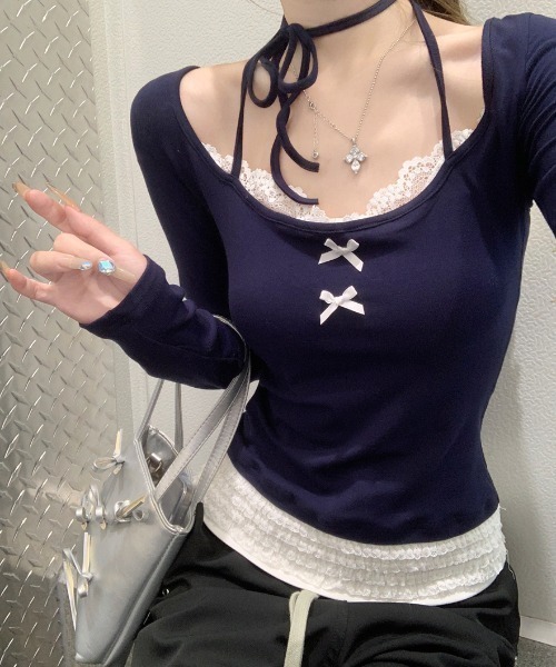 AMAJI(アマジ)の「スクエアネック レース フリル リボン長袖Tシャツ(Tシャツ/カットソー・レディース・ライトブルー/ネイビー・SMALL/MEDIUM/LARGE/X-LARGE)」の6枚目の写真