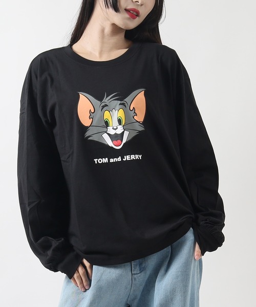 Tom&Jerry(トムアンドジェリー)の「TOM and JERRY トムとジェリー レディース オーバーサイズ 長袖 プリントTシャツ/バックプリントもあり(Tシャツ/カットソー・レディース・グリーン/モカ/ブラック系2/ブラック系1・L/M)」の3枚目の写真