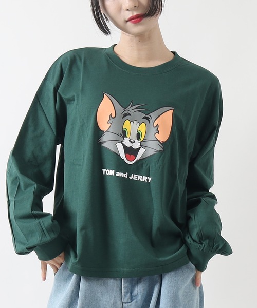 Tom&Jerry(トムアンドジェリー)の「TOM and JERRY トムとジェリー レディース オーバーサイズ 長袖 プリントTシャツ/バックプリントもあり(Tシャツ/カットソー・レディース・グリーン/モカ/ブラック系2/ブラック系1・L/M)」の1枚目の写真