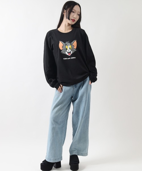 Tom&Jerry(トムアンドジェリー)の「TOM and JERRY トムとジェリー レディース オーバーサイズ 長袖 プリントTシャツ/バックプリントもあり(Tシャツ/カットソー・レディース・グリーン/モカ/ブラック系2/ブラック系1・L/M)」の12枚目の写真