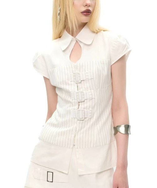 into.eight(イントゥエイト)の「【into.eight】Brett Shirt / 【イントゥエイト】カットアウトベルトストライプ半袖ブラウス(シャツ/ブラウス・レディース・ホワイト・S)」の8枚目の写真