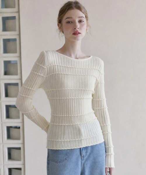 ADDITION STORE(アディションストア)の「プリーツパターン ボートネック ロングスリーブ ニット(ニット/セーター・レディース・オフホワイト/ブラウン/ダークグレー/ベージュ・FREE)」の15枚目の写真