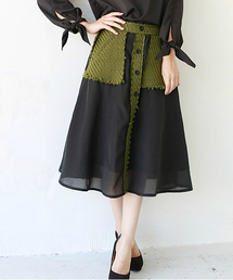 REAL CUBE | REAL CUBE ツイード×オーガンジーコンビフロントボタンミドル丈フレアスカート(スカート)