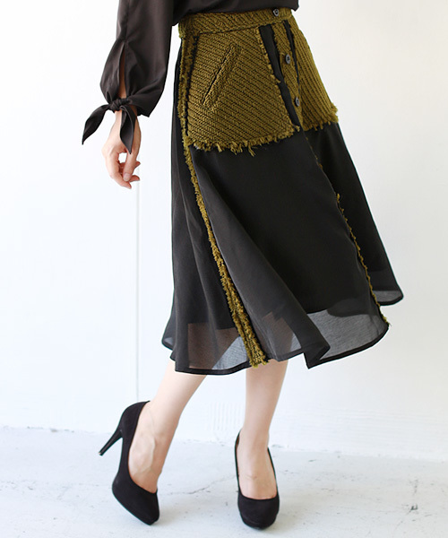 REAL CUBE（リアルキューブ）の「REAL CUBE ツイード×オーガンジーコンビフロントボタンミドル丈フレアスカート（スカート・レディース・ブラック/カーキ・FREE）」の7枚目の写真