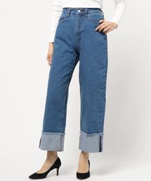 ターンバックヘムハイウエストワイドデニムパンツ